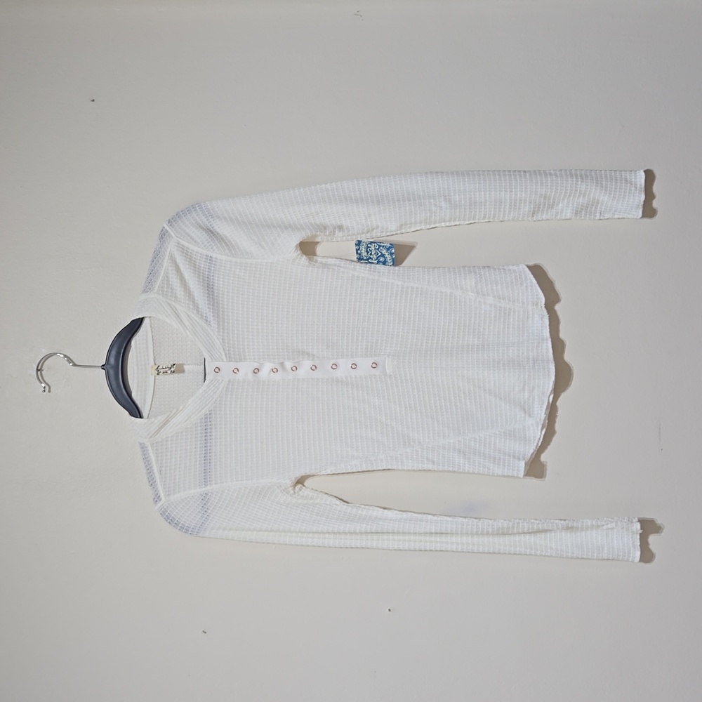 Free People White Waffle Knit Long Sleeve Henley